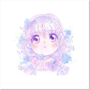 Hydrangea Girl - Cute Kawaii Anime Original Character Watercolor Art Posters and Art